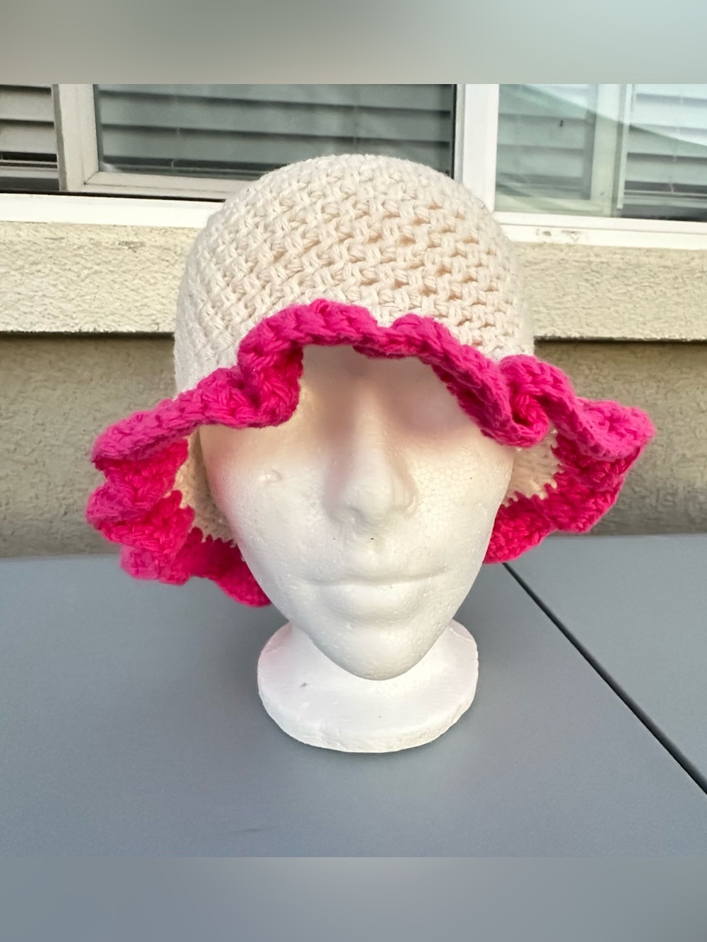 Crochet Ruffle Sun Hat in Cream with Hot Pink Trim